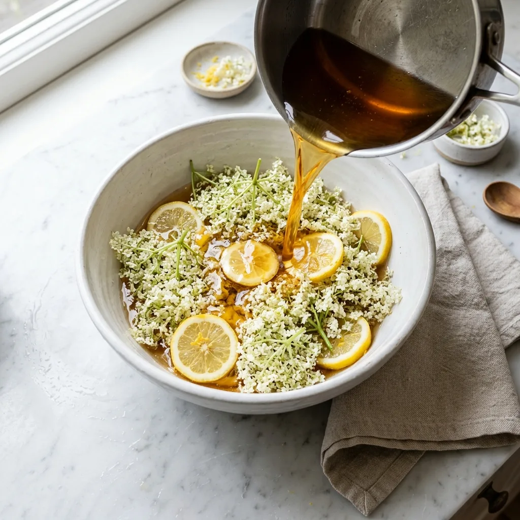 Selbst gemachter Holunderblütensirup 10 Elderflower blossoms lemon 202604172309