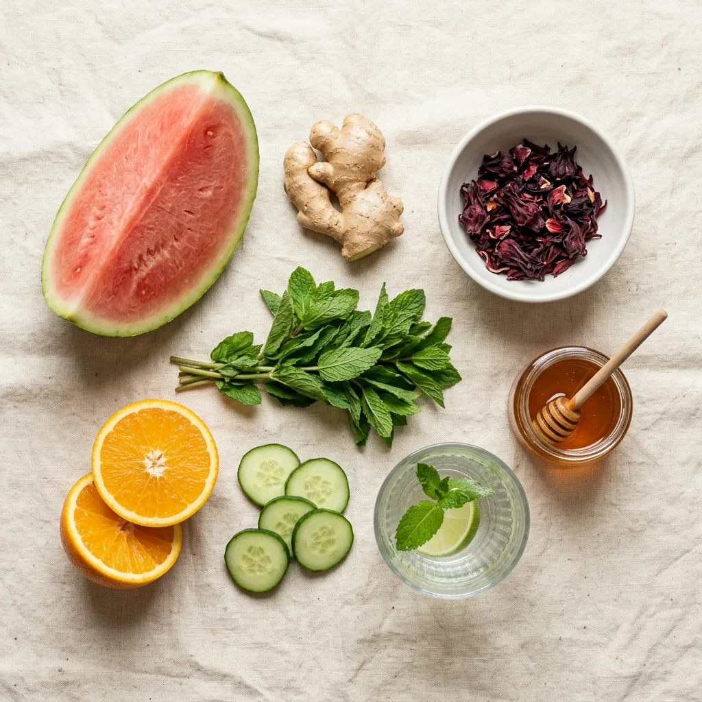 Getränke Rezepte – frisch zubereitet, voller Geschmack und für jeden Anlass 9 Drink ingredients arranged on su… 202605030051