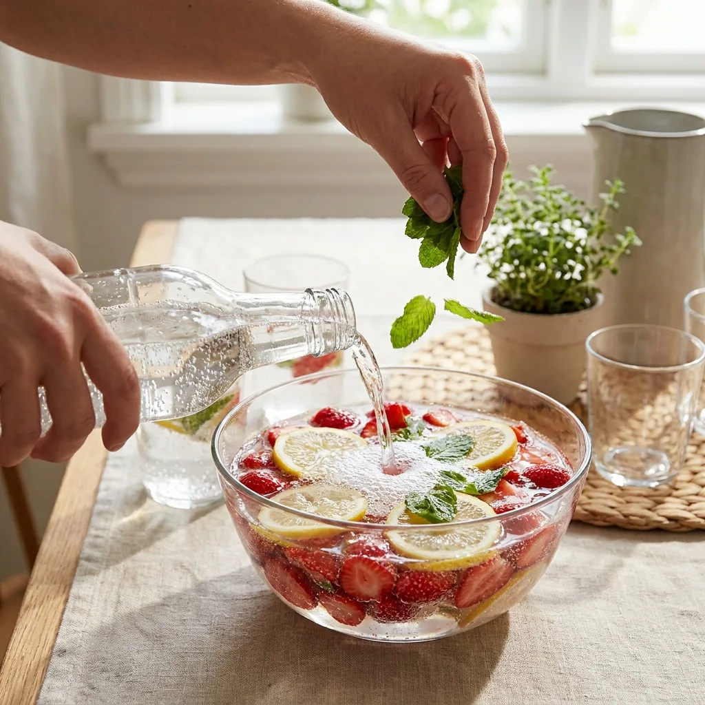 Erdbeerbowle 11 Pouring water into strawberry bowl 202605020113