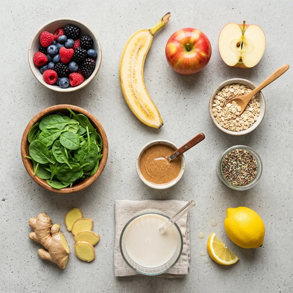 Smoothie Rezepte – cremig, nährstoffreich und alltagstauglich 9 Smoothie ingredients arranged on… 202605022239
