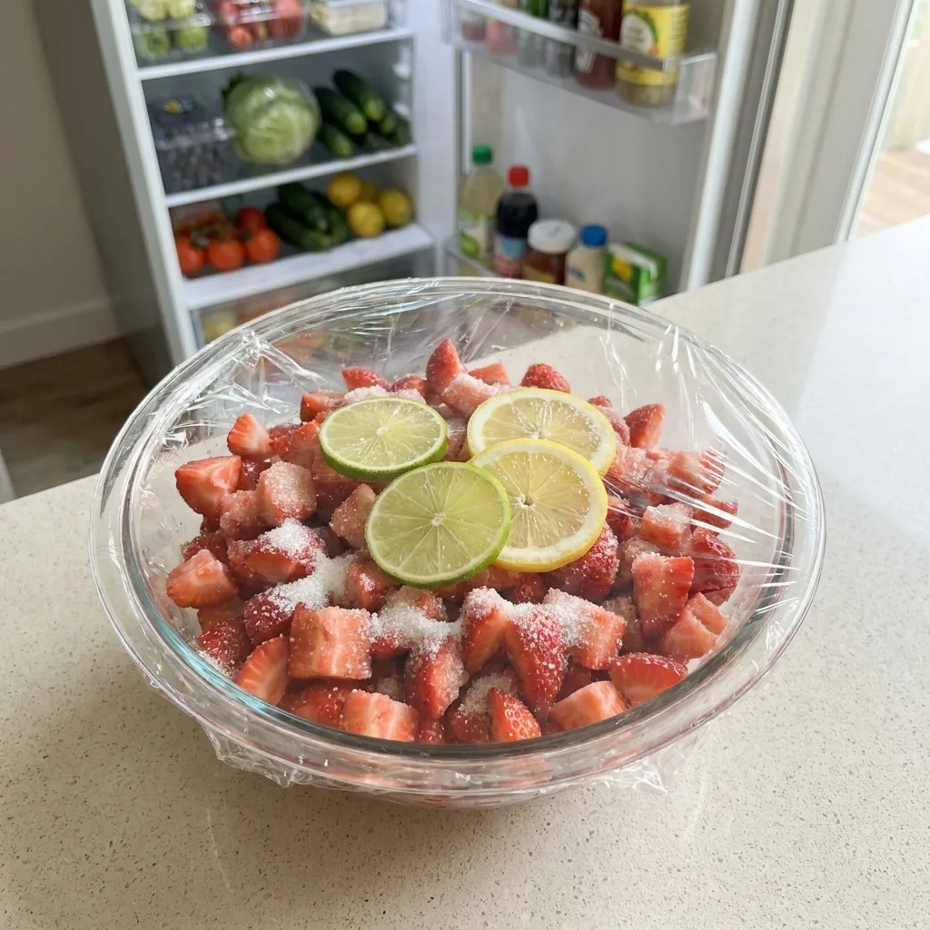 Erdbeerbowle 10 Strawberries in bowl with sugar 202605020113