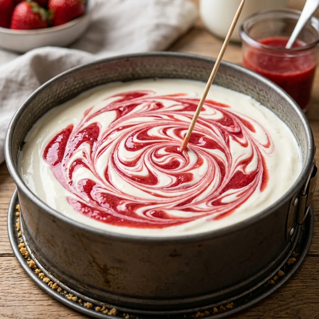 Strawberry sauce swirled cheesecake 202605061635
